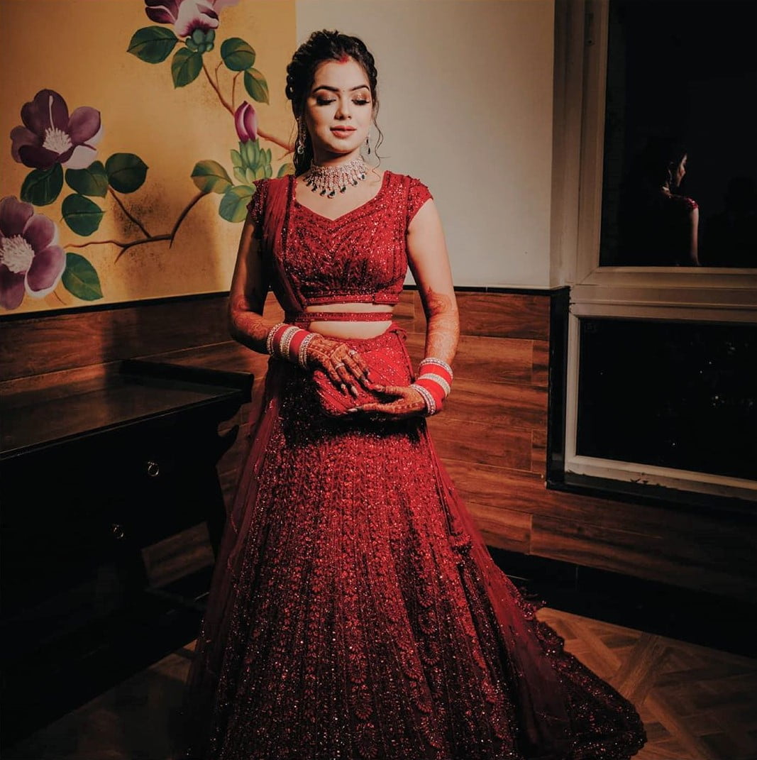 designer red belted lehenga dress for wedding reception
