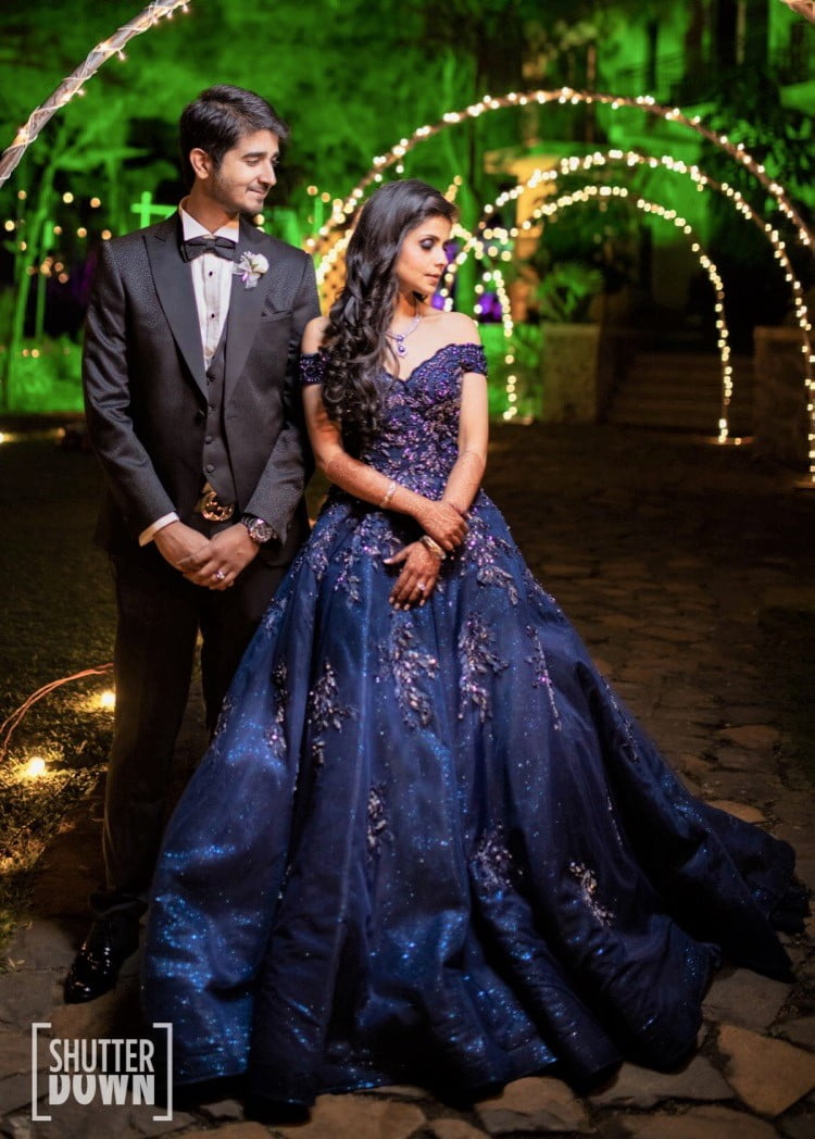 blue off shoulder reception gown for bride