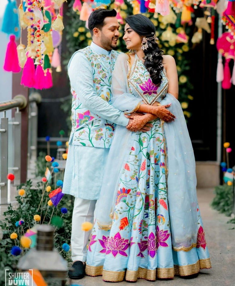 light blue hand painted lehenga for mehendi for bride