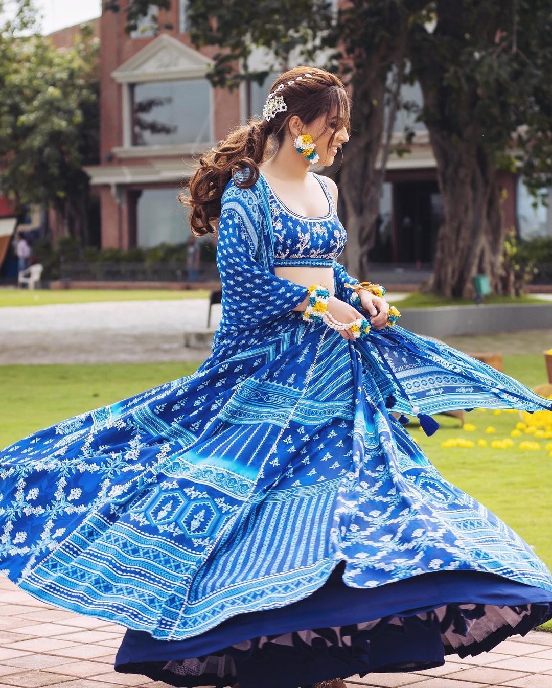 blue floral print lehenga bridal mehndi dress 