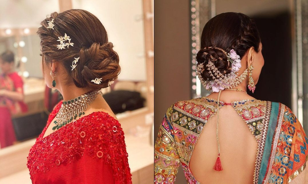 modern braided bun indian reception bridal hairstyle for saree