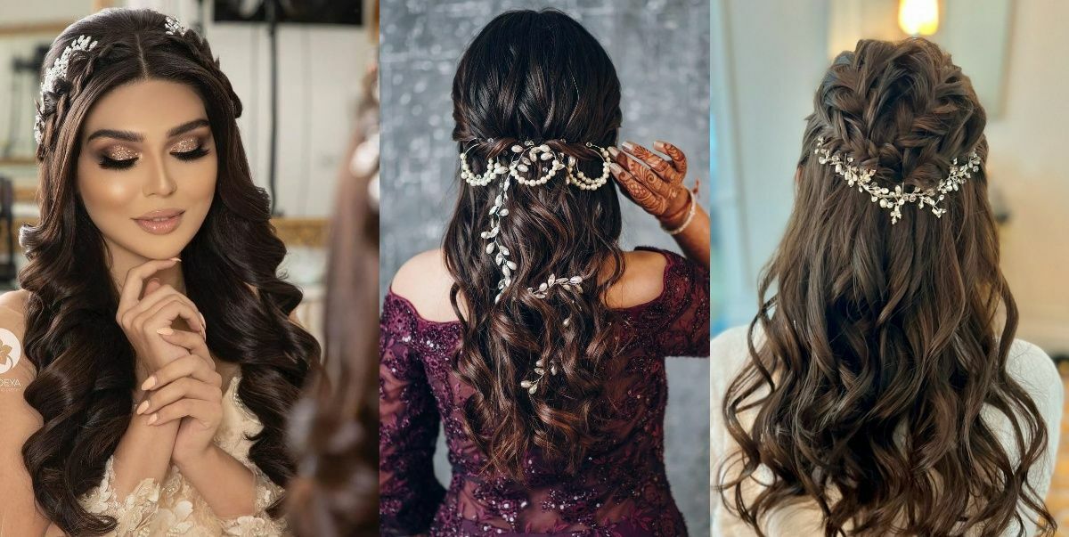 braided crown with curls reception hairstyle for bride