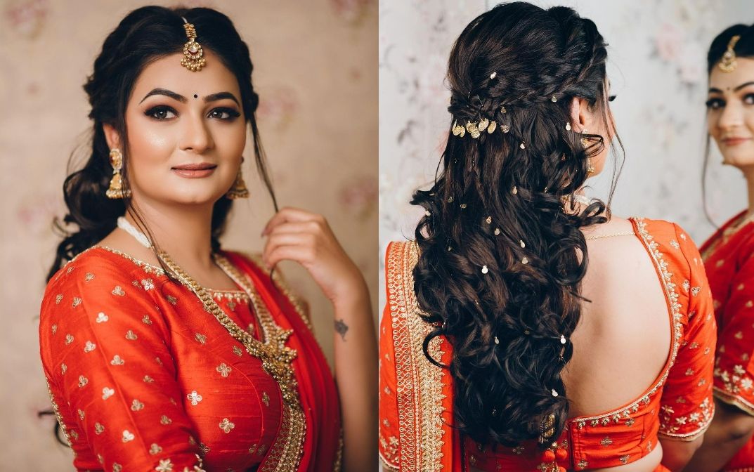 classy braided reception hairstyle for bride with maang tikka