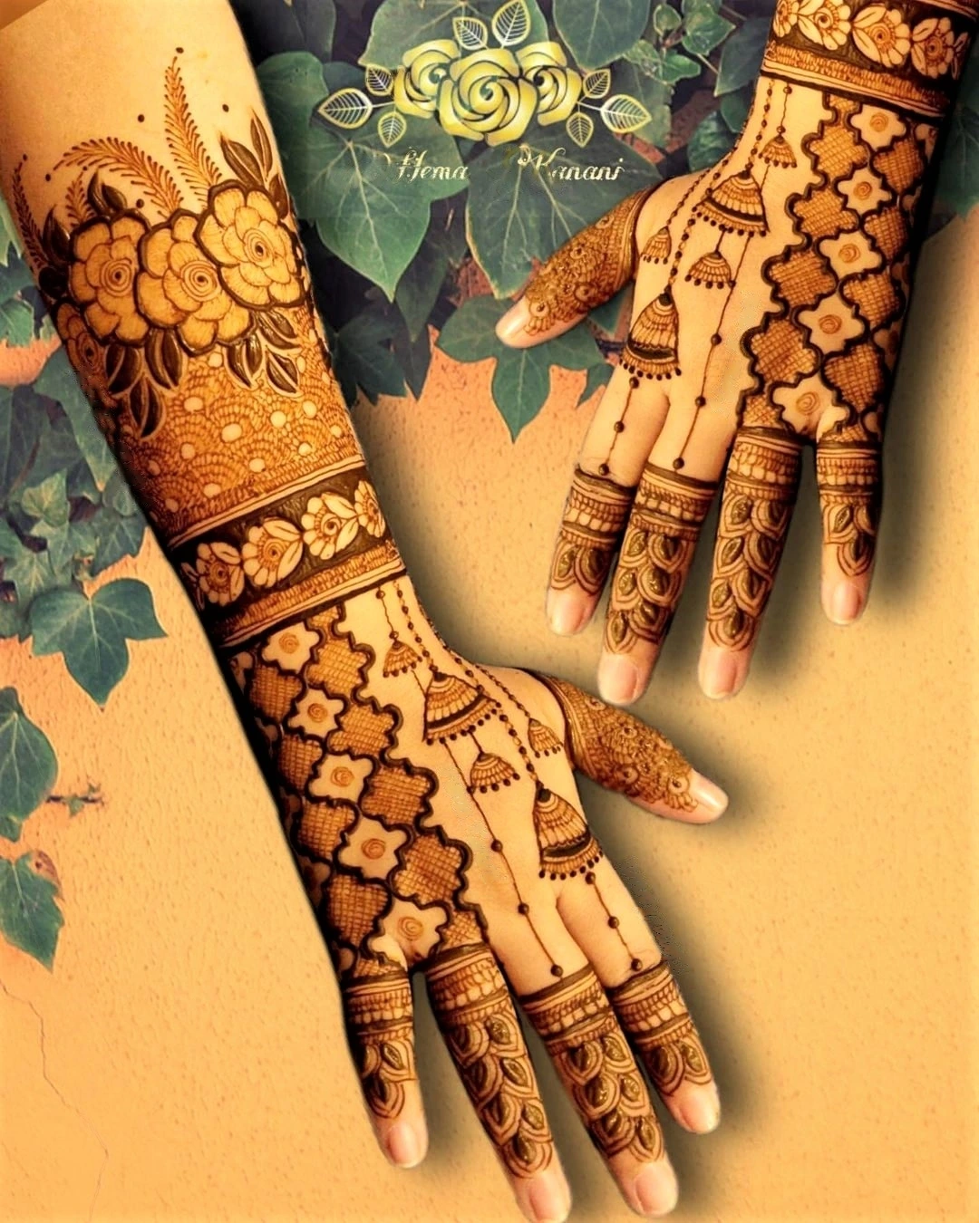 back side modern full hand mehndi design with jhumar and flowers