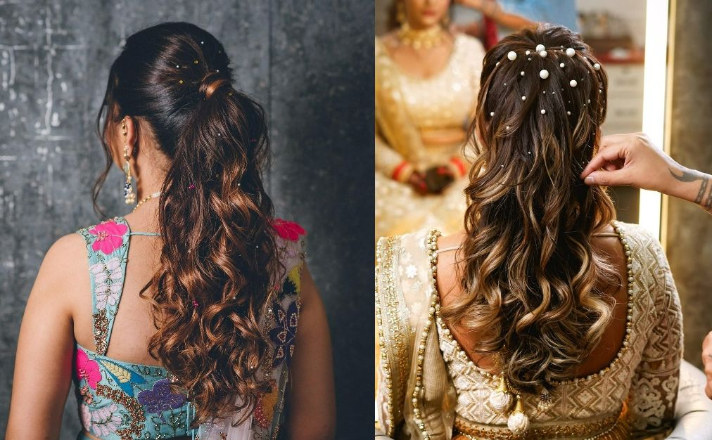 high ponytail reception hairstyle for saree