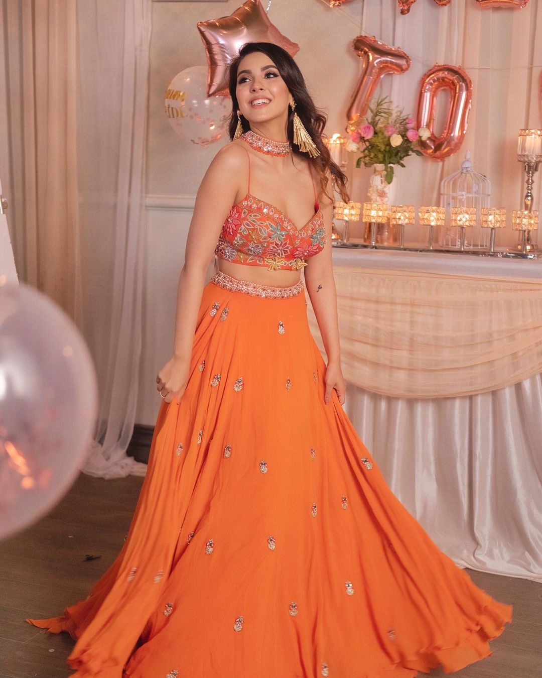 orange engagement and sangeet dress for bridesmaid 