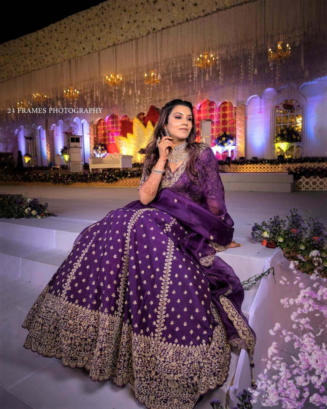 contemporary south indian bride in purple lehenga saree 