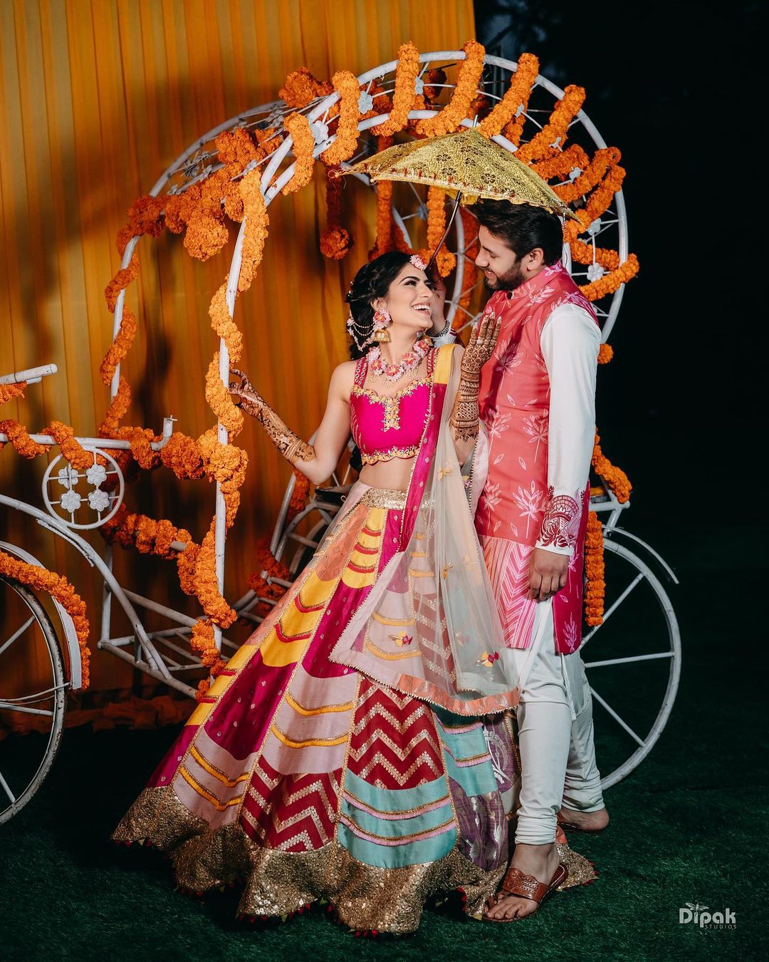 multi colour patch lehenga bridal mehndi dress with golden border
