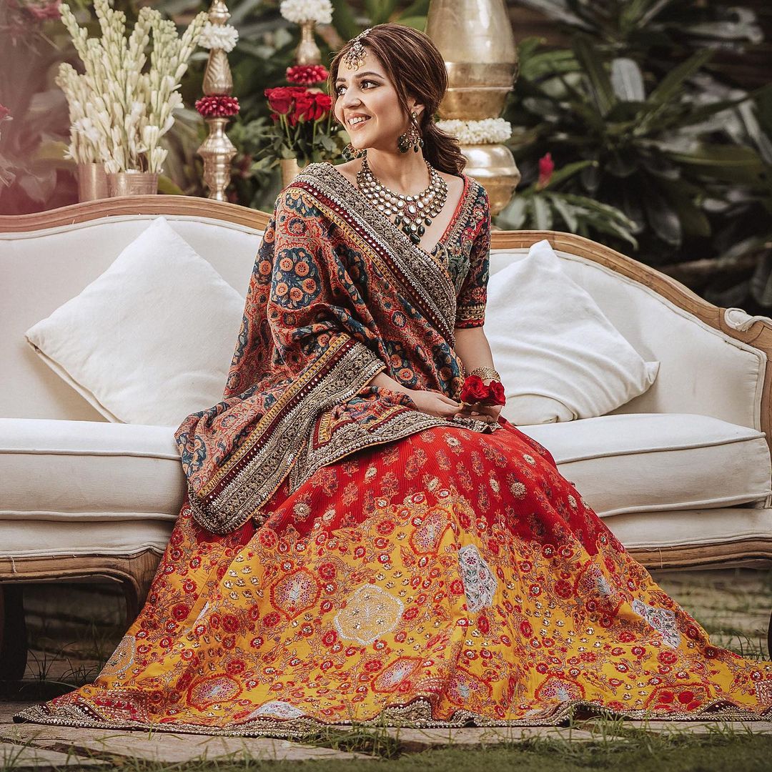 multi-color ring ceremony lehenga dress for women