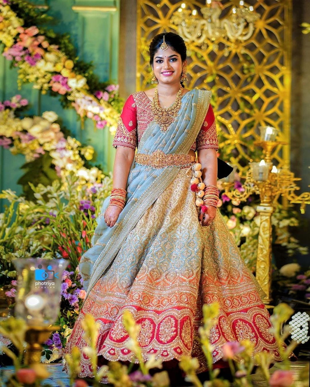 paste blue and pink south indian bridal half saree 