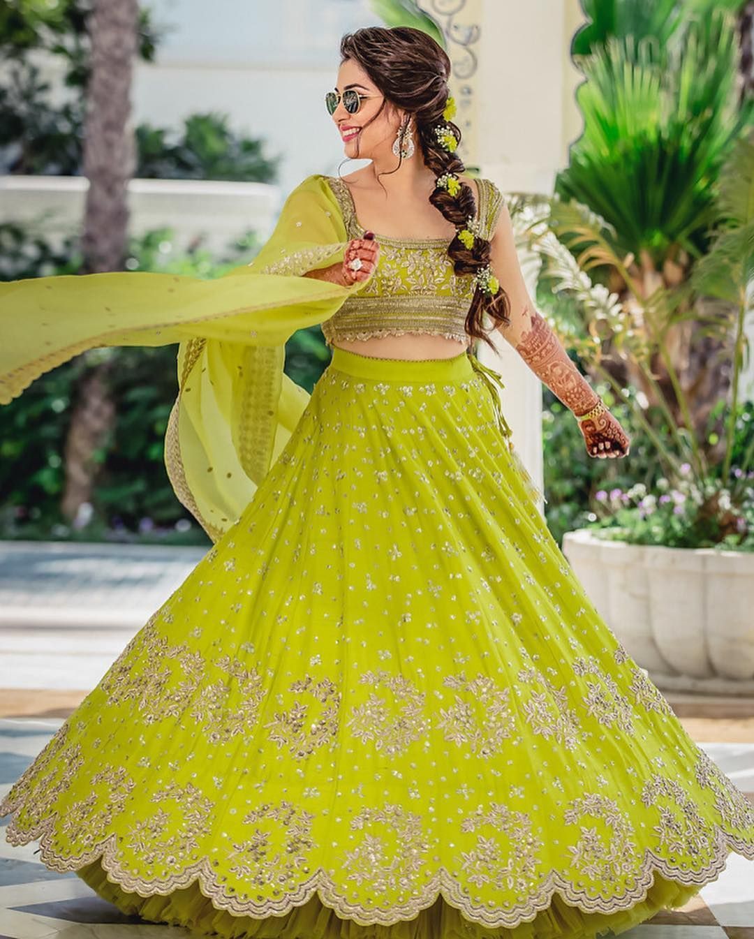 lime green mehendi lehenga dress for bride with floral embroidery 