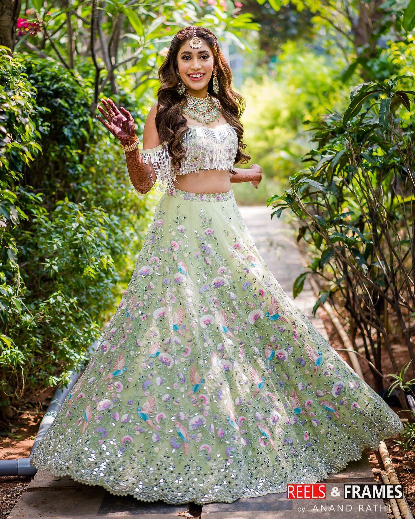 pale green indo western lehenga with fringe blouse for mehendi