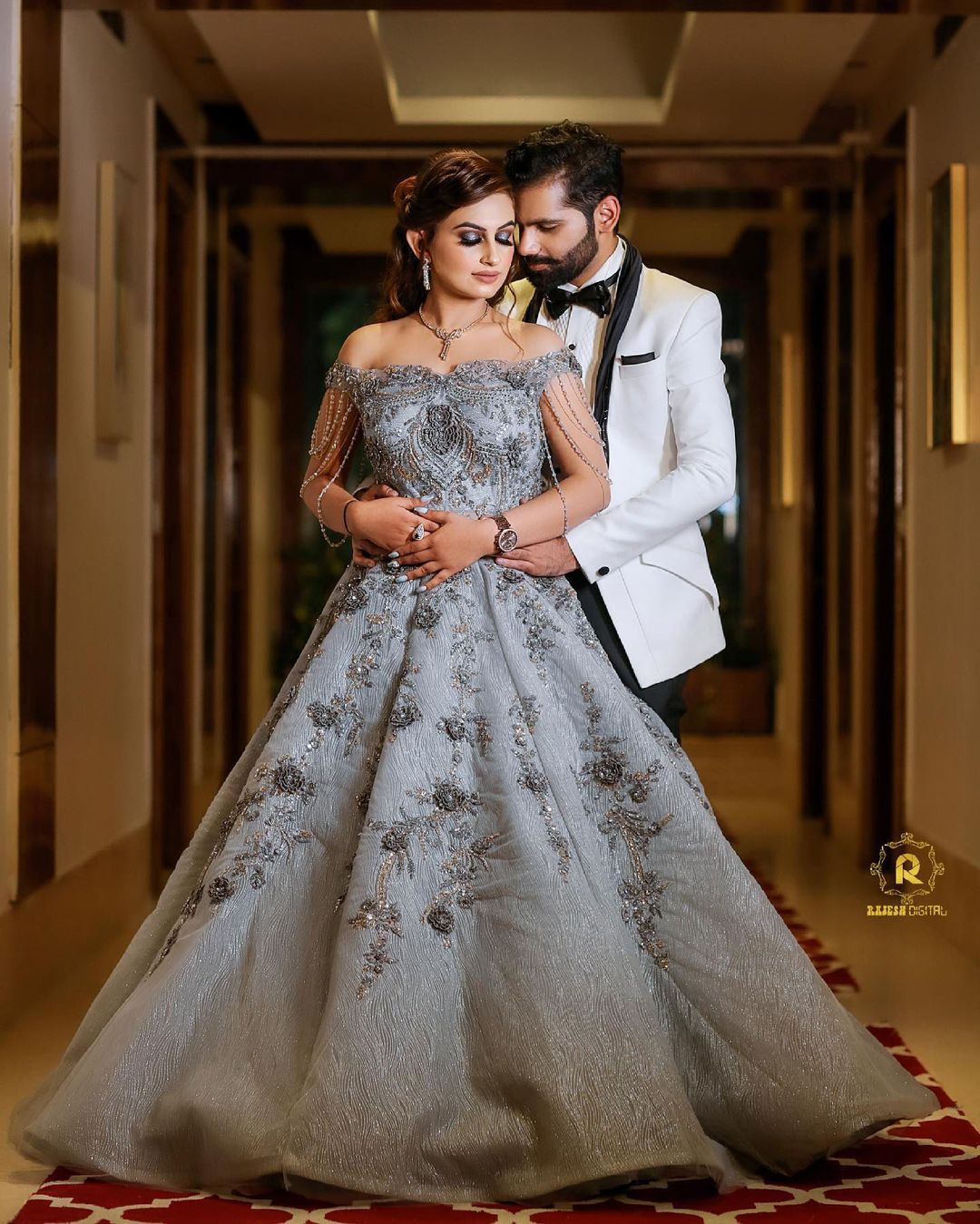 off shoulder grey gown reception outfit