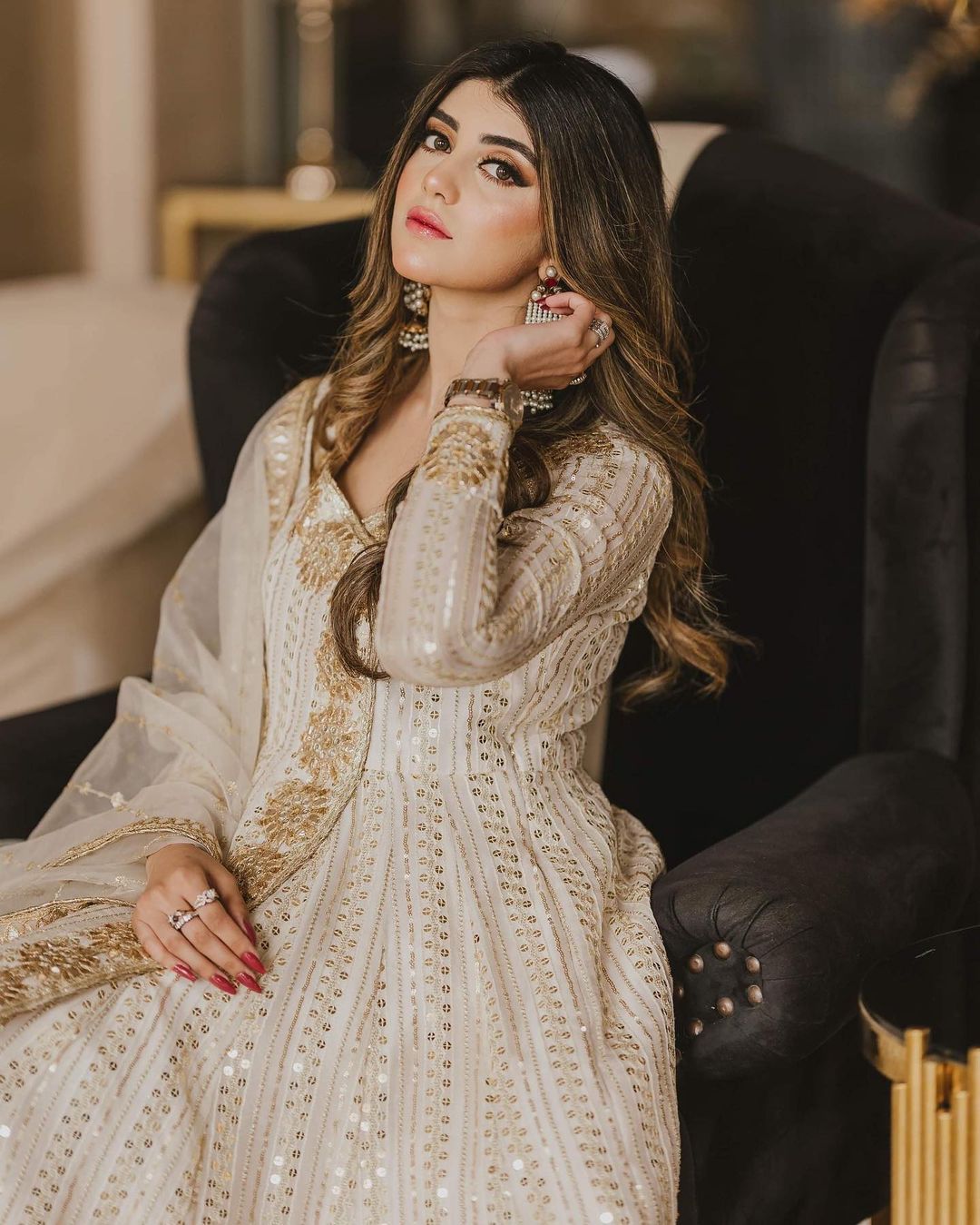 off-white sequin Anarkali engagement dress for bride