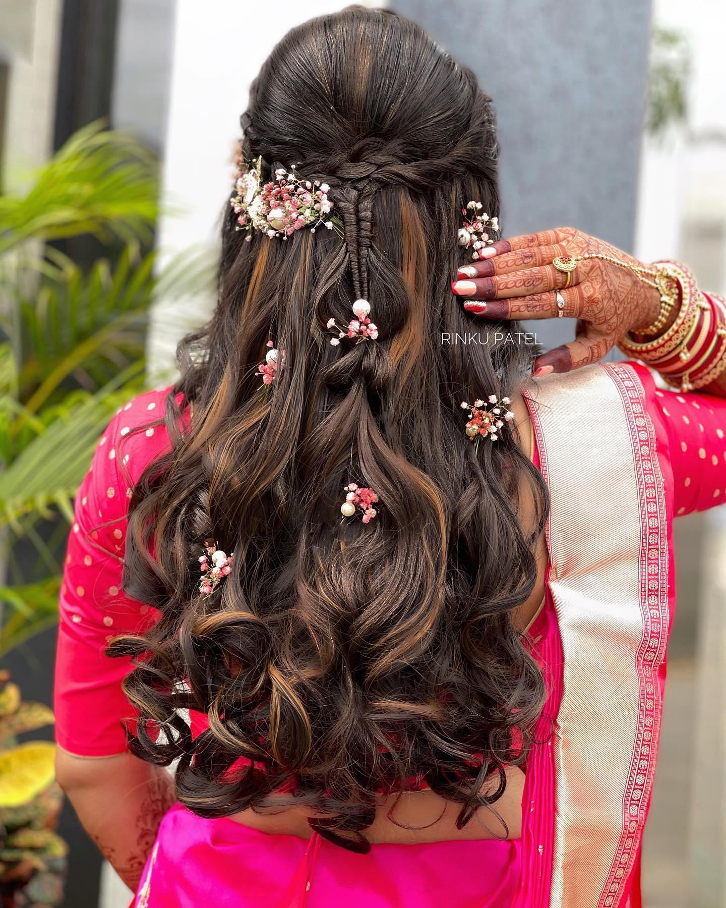 half tie curls with accessories for south indian engagement 