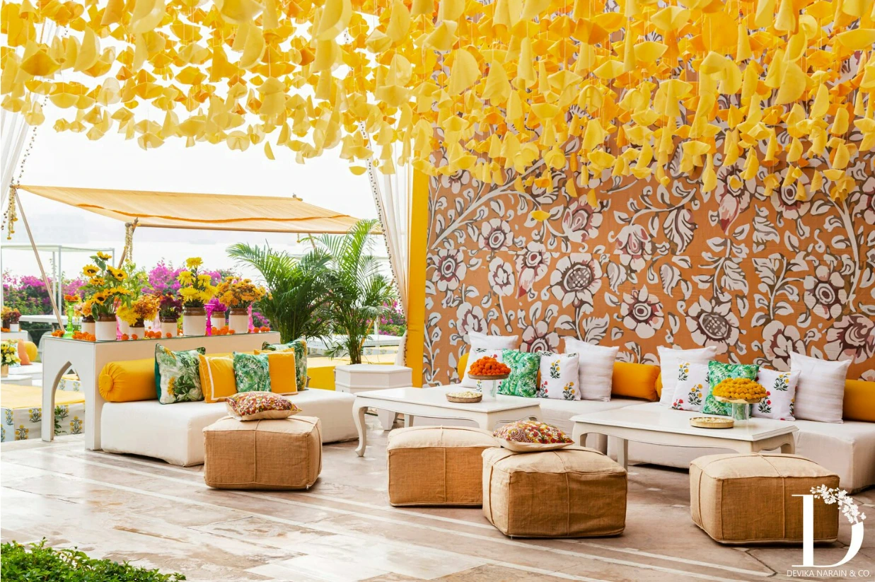 beautifully decoration outdoor seating area for haldi