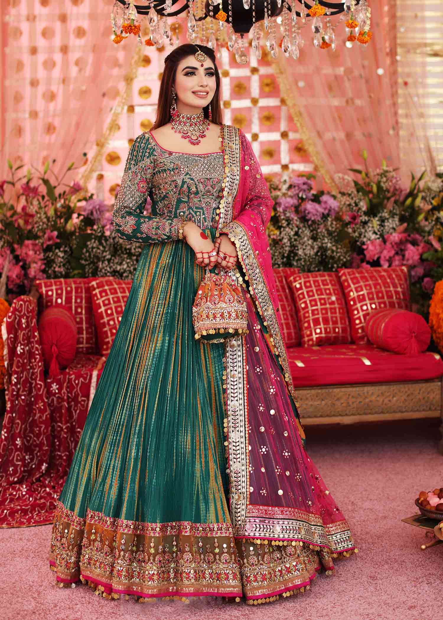 dark green and pink anarkali suit for mehndi for bride