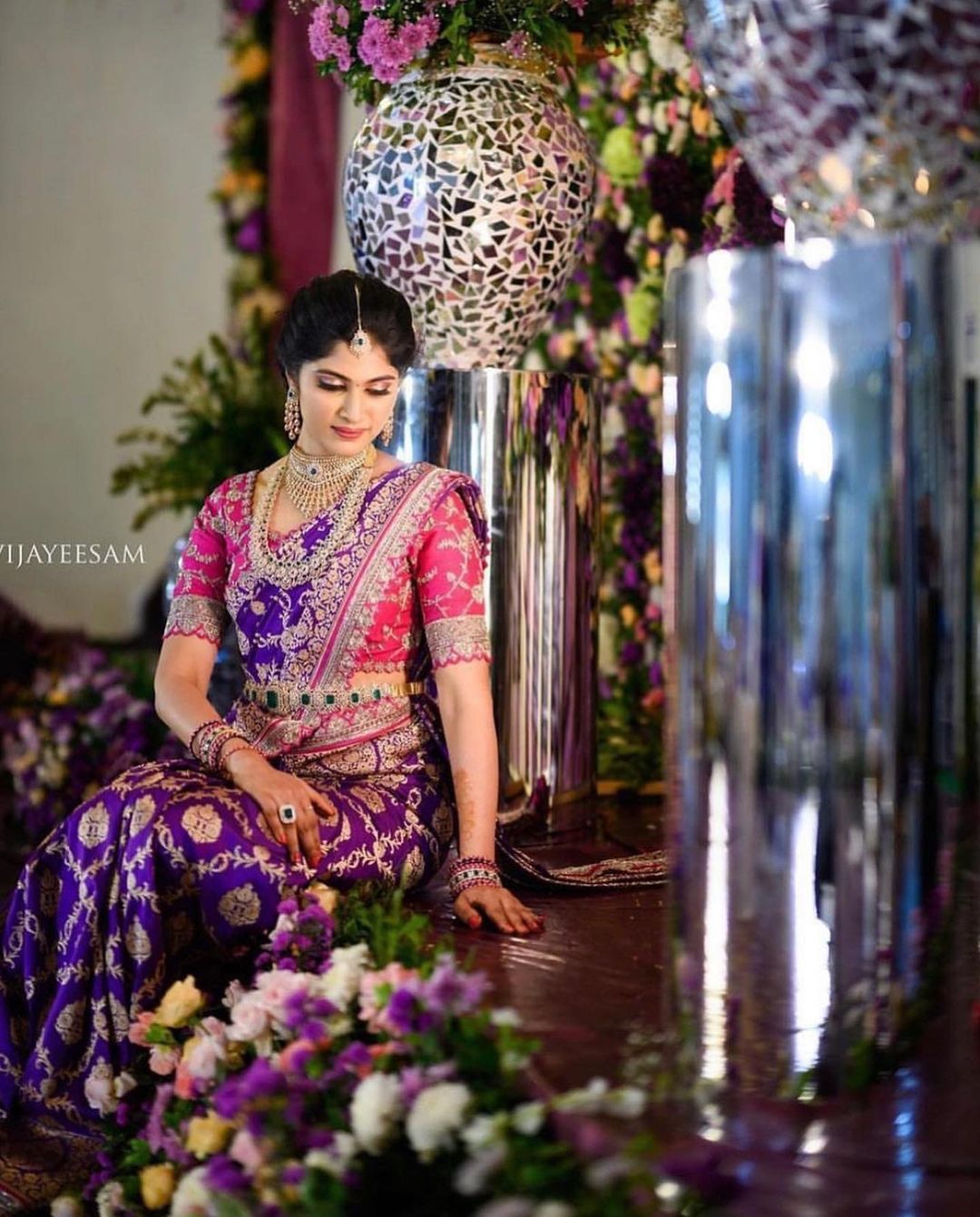 pink and purple kanjeevaram south indian bridal saree
