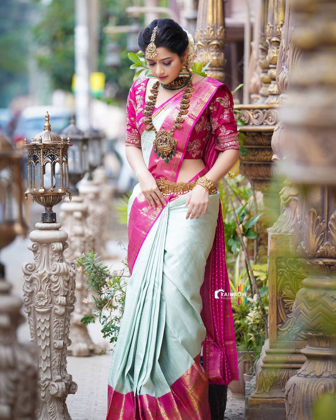 south indian bridal pink and white silk saree