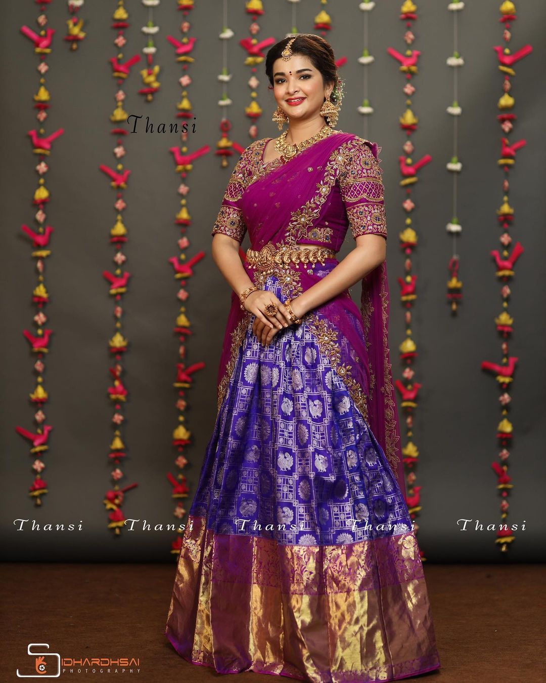 pink and purple south indian pattu half wedding saree