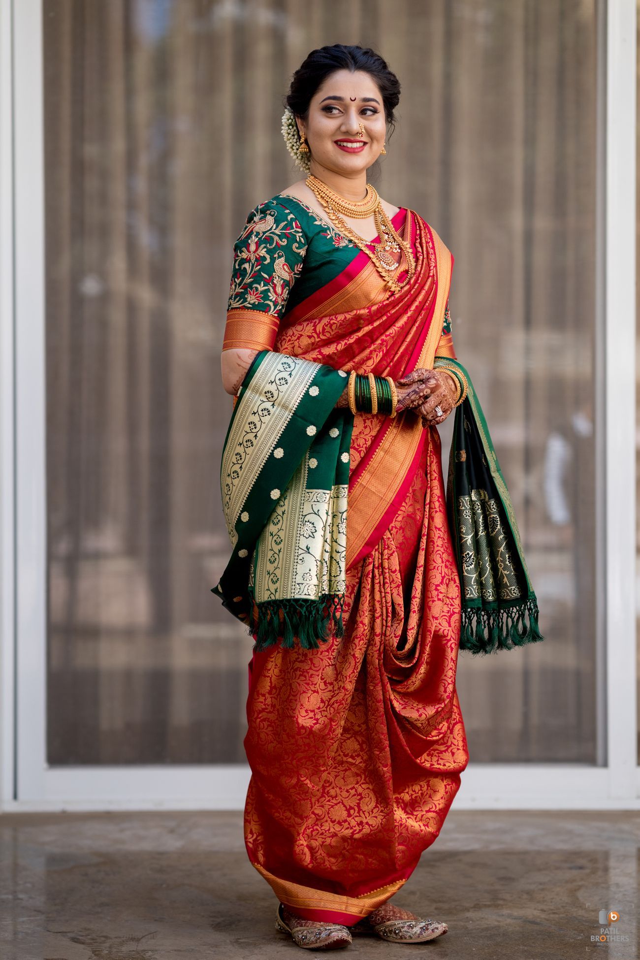 green and red bridal saree Maharashtrian wedding in silk