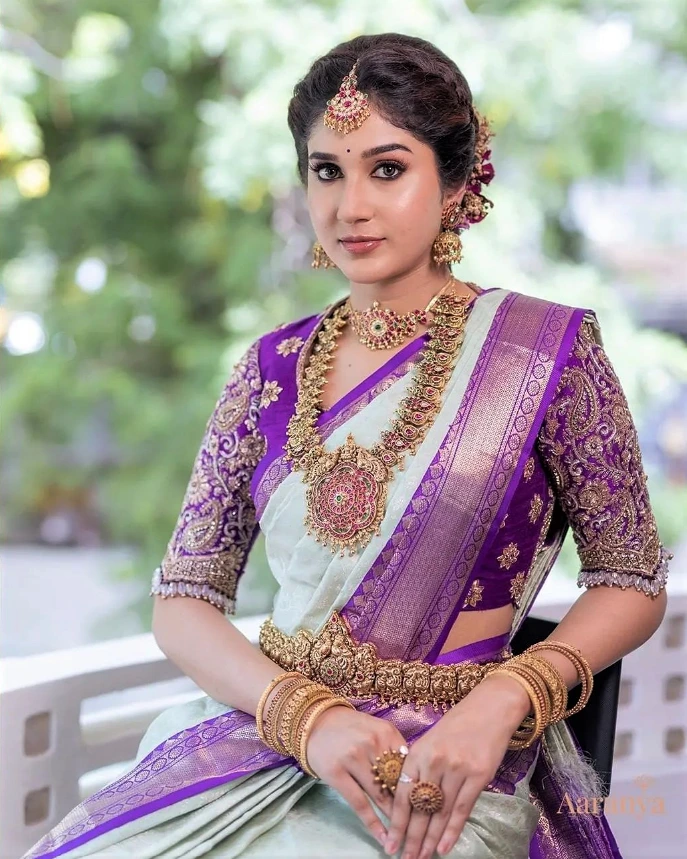 light blue and purple bridal pattu saree