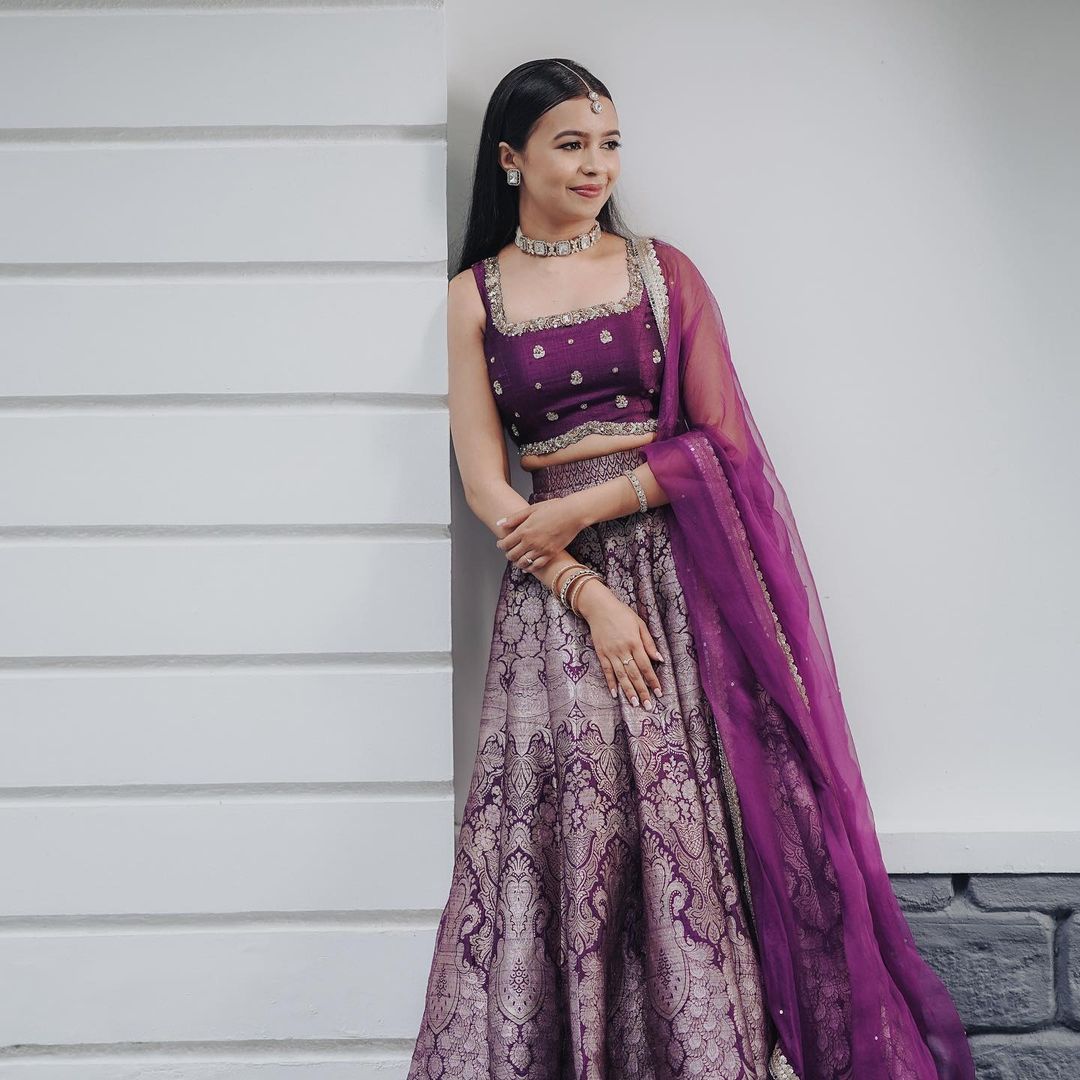 purple silk lehenga engagement dress for bride and girls