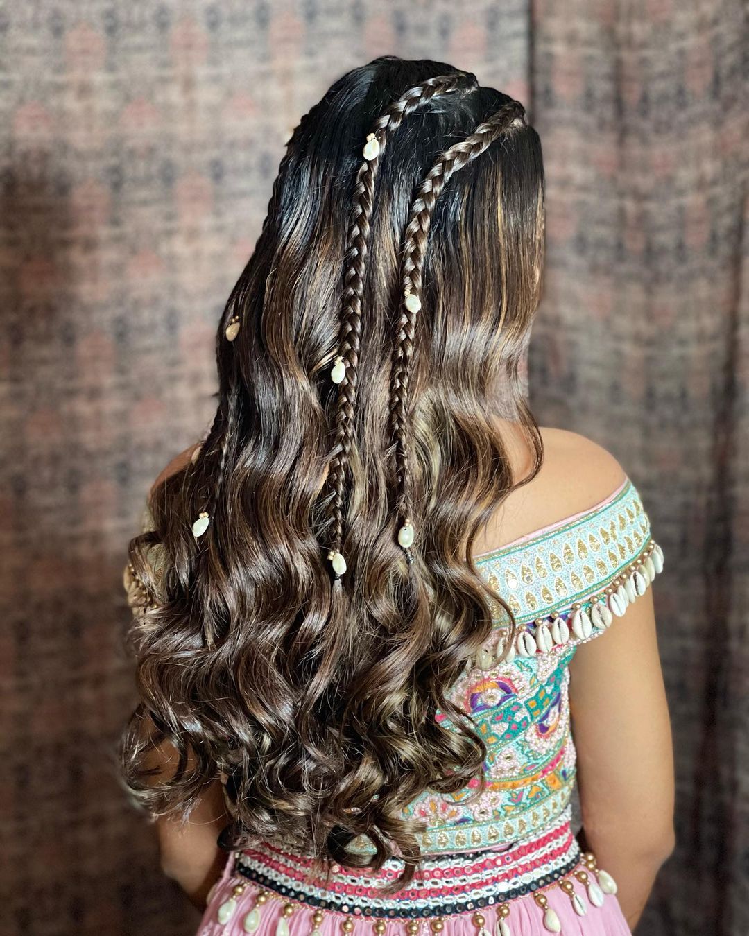 quirky braided hairstyle for crop top lehenga