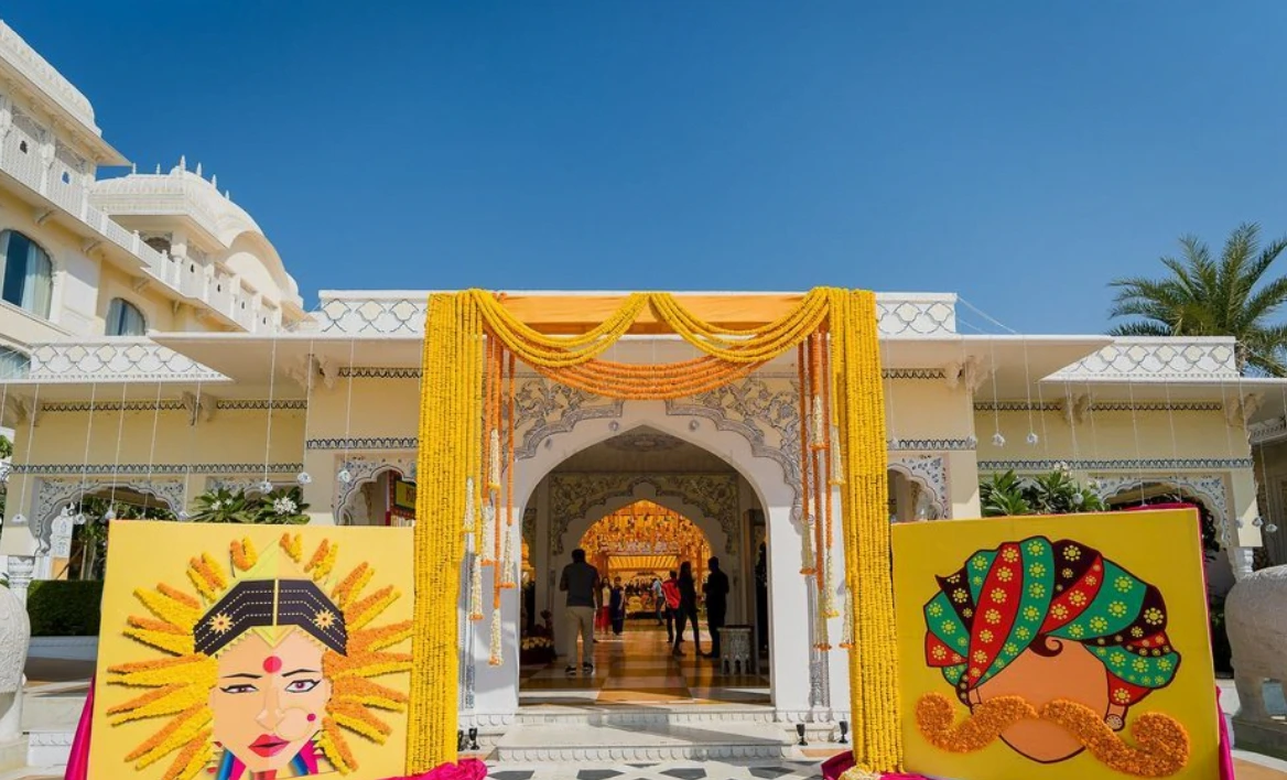 quirky and fun rajasthani couple entrance decoration for haldi