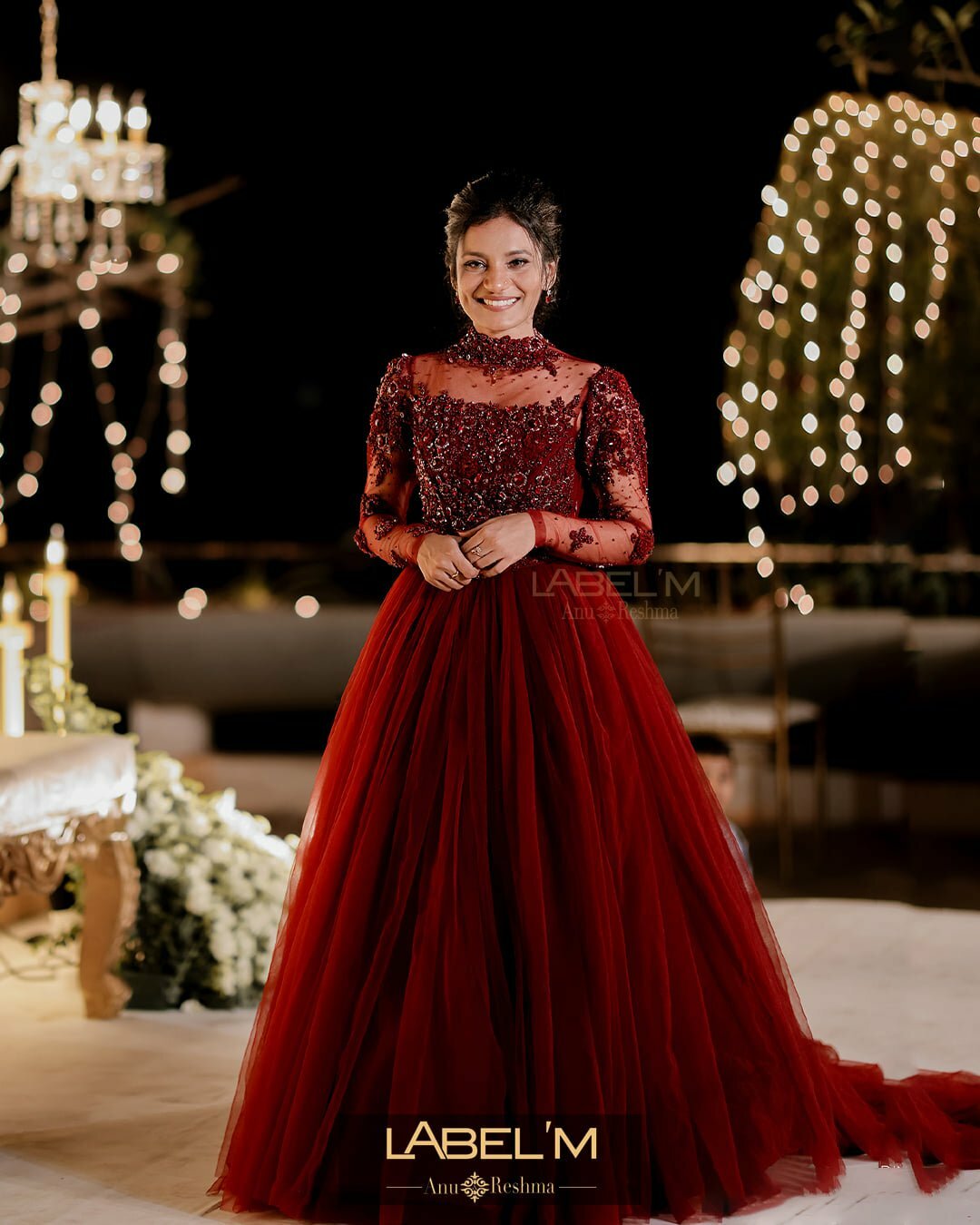 blood red tulle reception party gown for bride