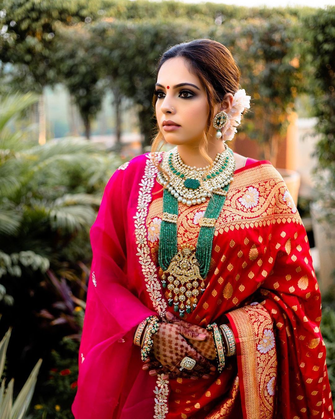 red and golden saree for wedding and reception with contrast dupatta