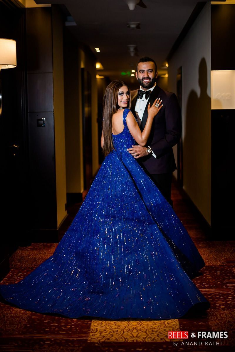 trendy royal blue bridal ball gown for sangeet 