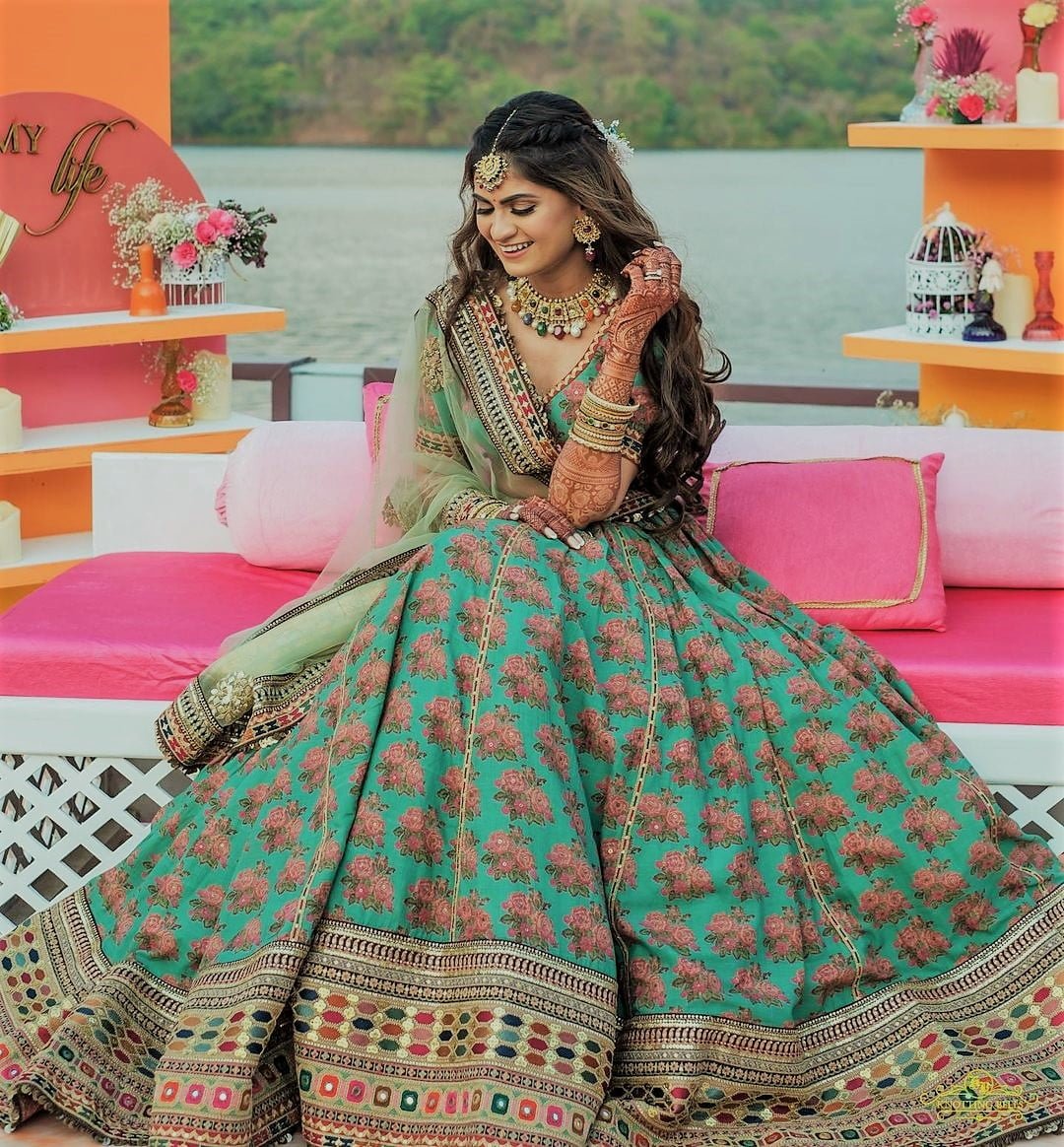 sabyasachi designer sea green lehenga bridal mehndi dress