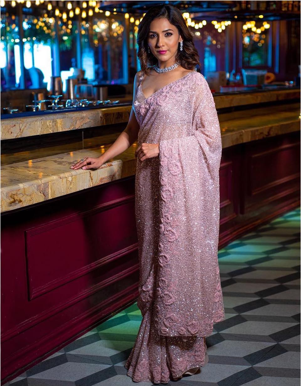 pink sequin saree for bride sister