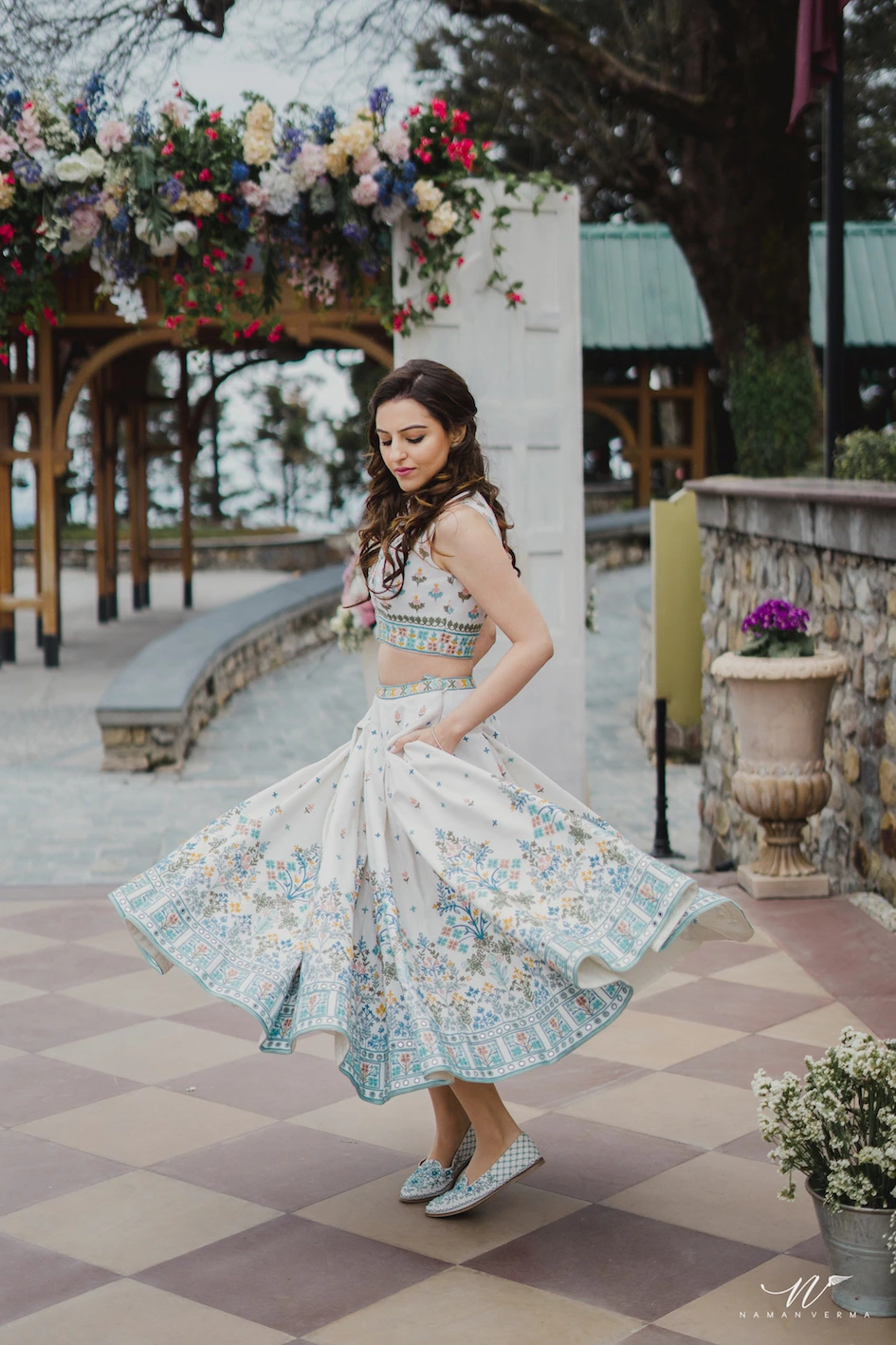 white printed indo western short lehenga and top