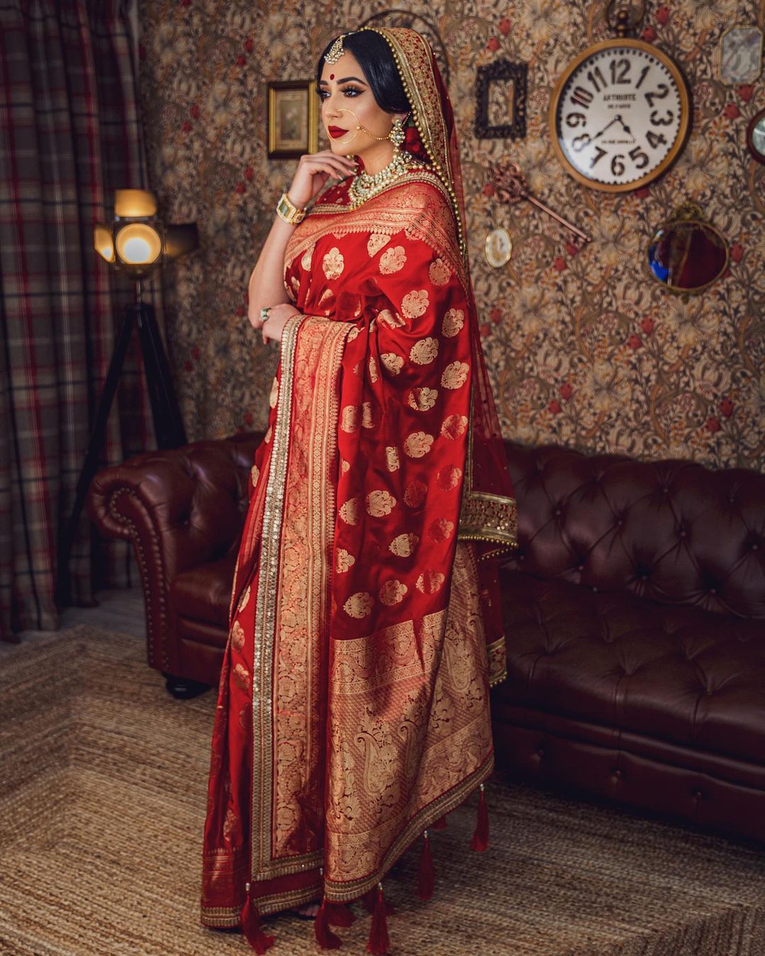 silk red bridal saree with golden border for bride 