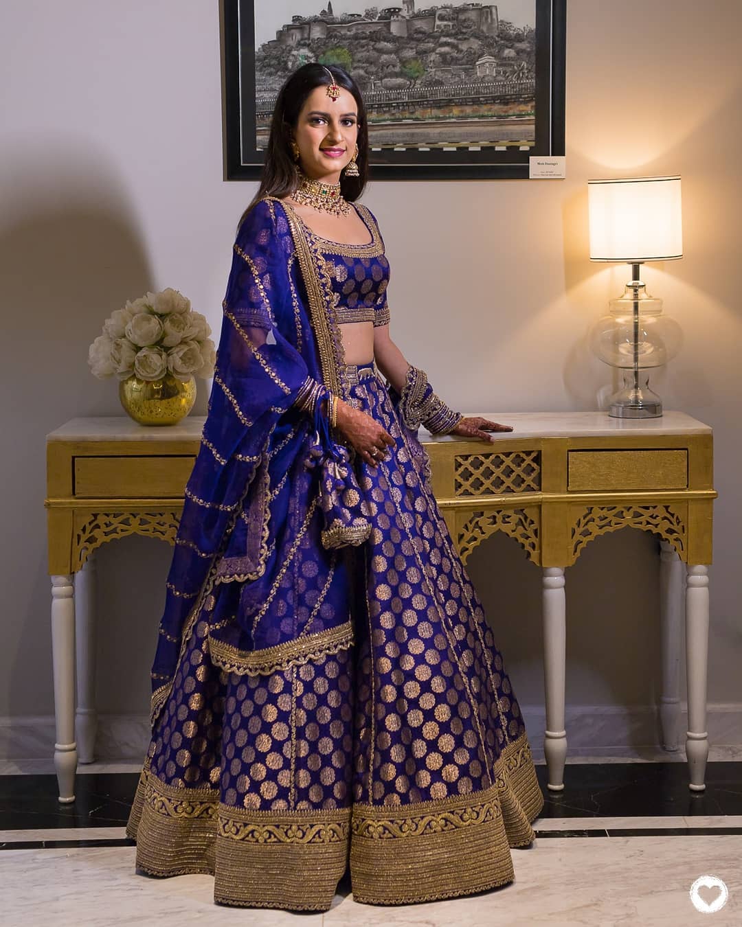 blue and golden silk bridesmaid lehenga for friends marriage