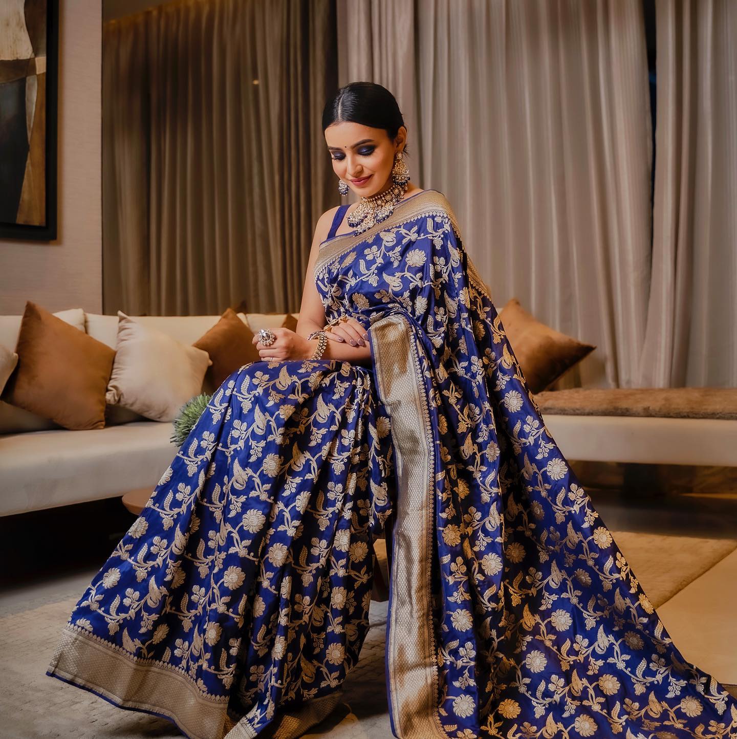 blue reception silk saree for bride