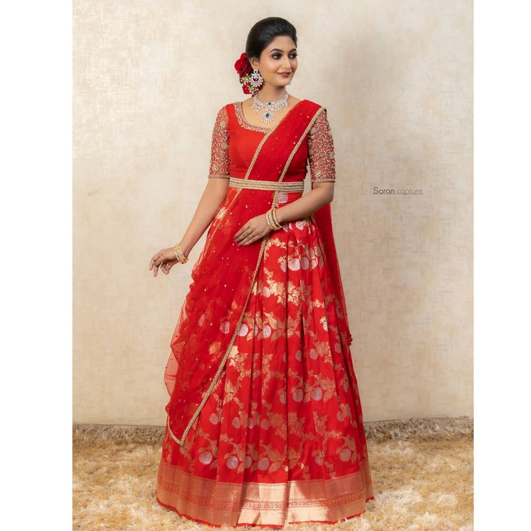 red and golden silk half saree for bride