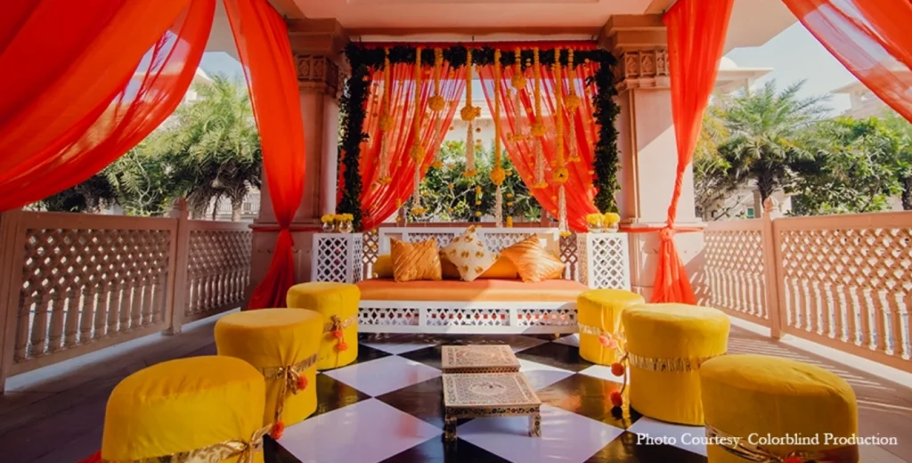 traditional haldi setup at home for bride and groom