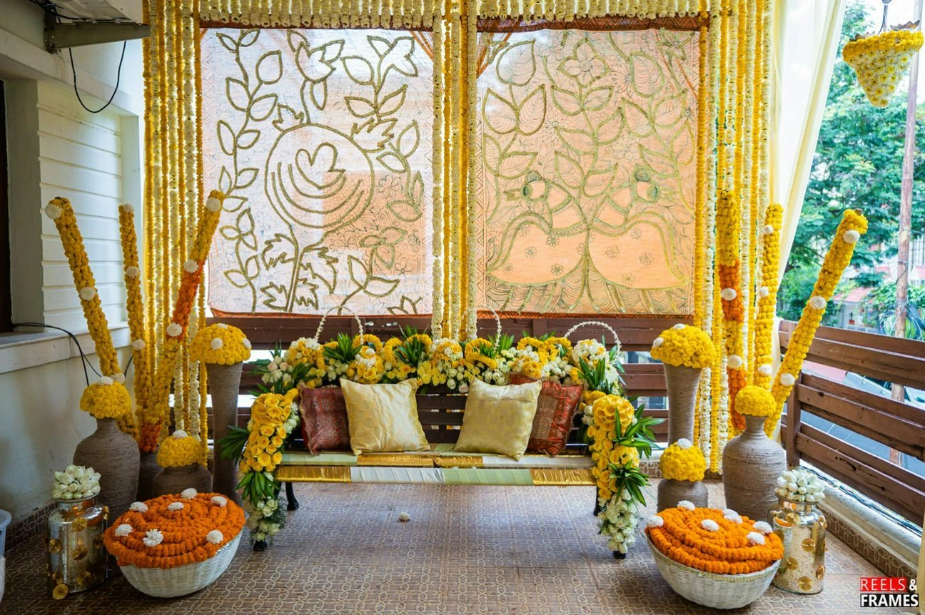 simple and beautiful haldi decoration at home with marigold and pots