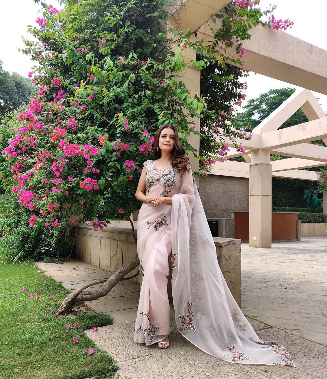 designer blush pink floral embroidered bridal mehndi saree