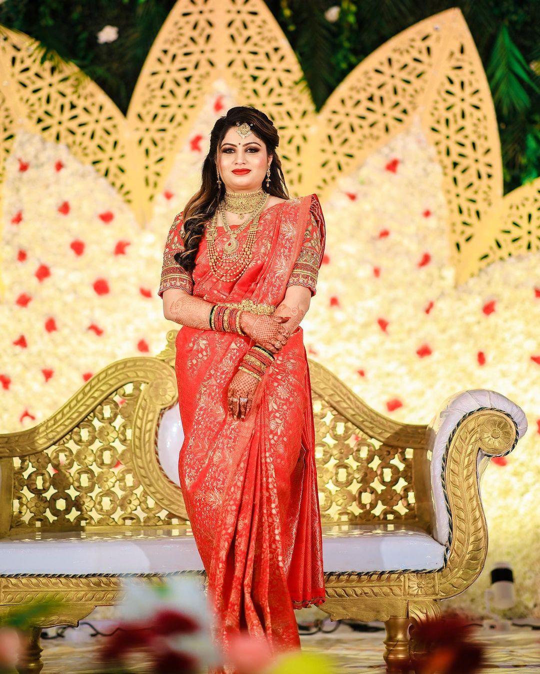 red kanjeevaram silk saree for south indian bride for reception