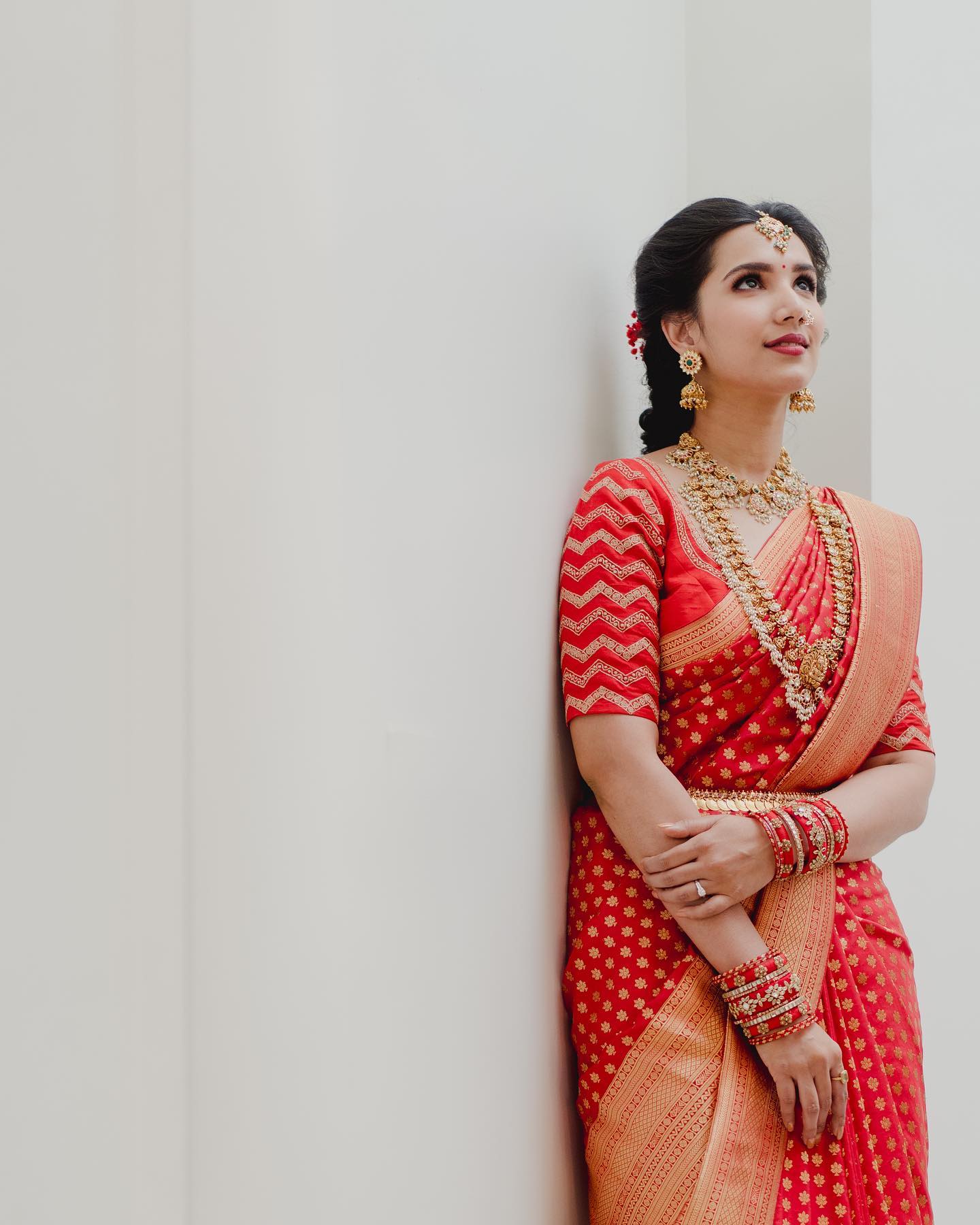 south indian red saree look