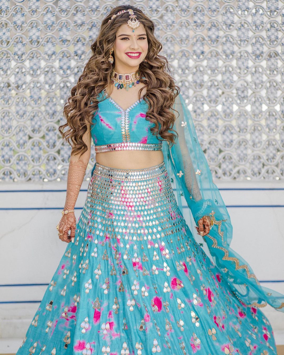 bride-to-be in sky blue lehenga choli