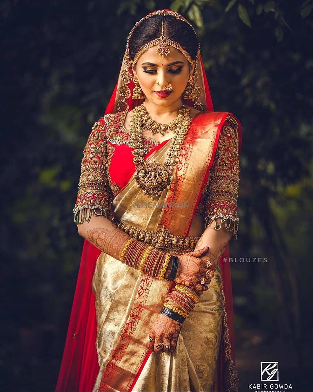south wedding muhurtham golden and red saree design with dupatta