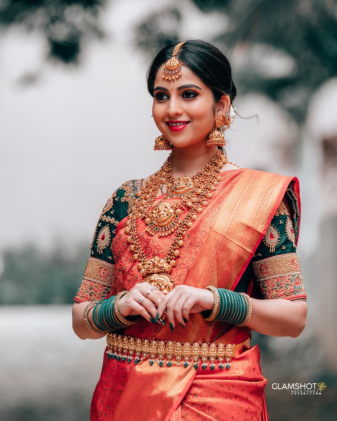 red & green kanjeevaram south indian bridal saree look