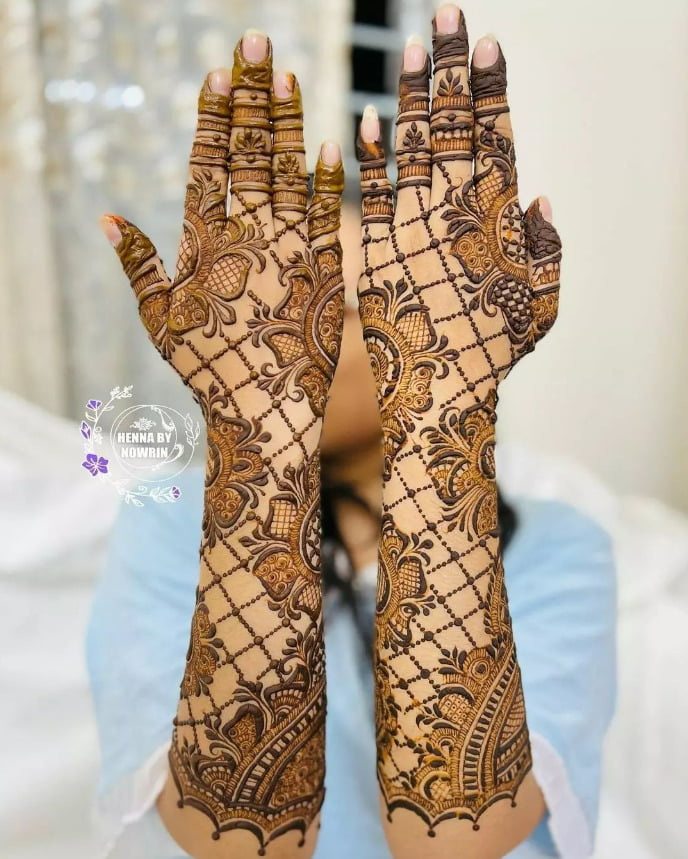 mehndi back design for full hand for bride with flowers