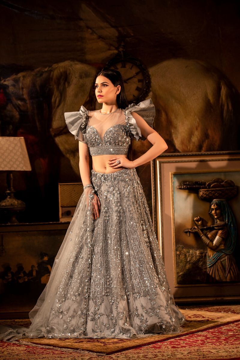 stylish grey indo western reception lehenga with designer blouse