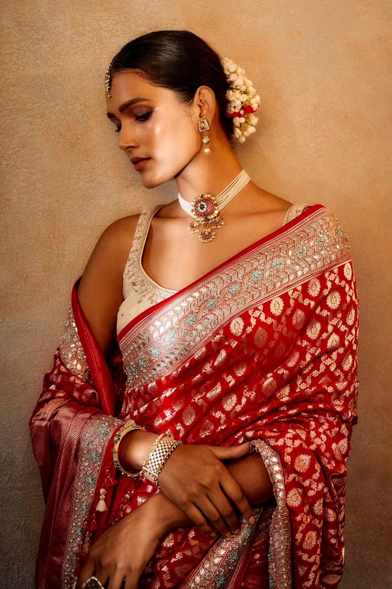 red and white banarasi saree for bride